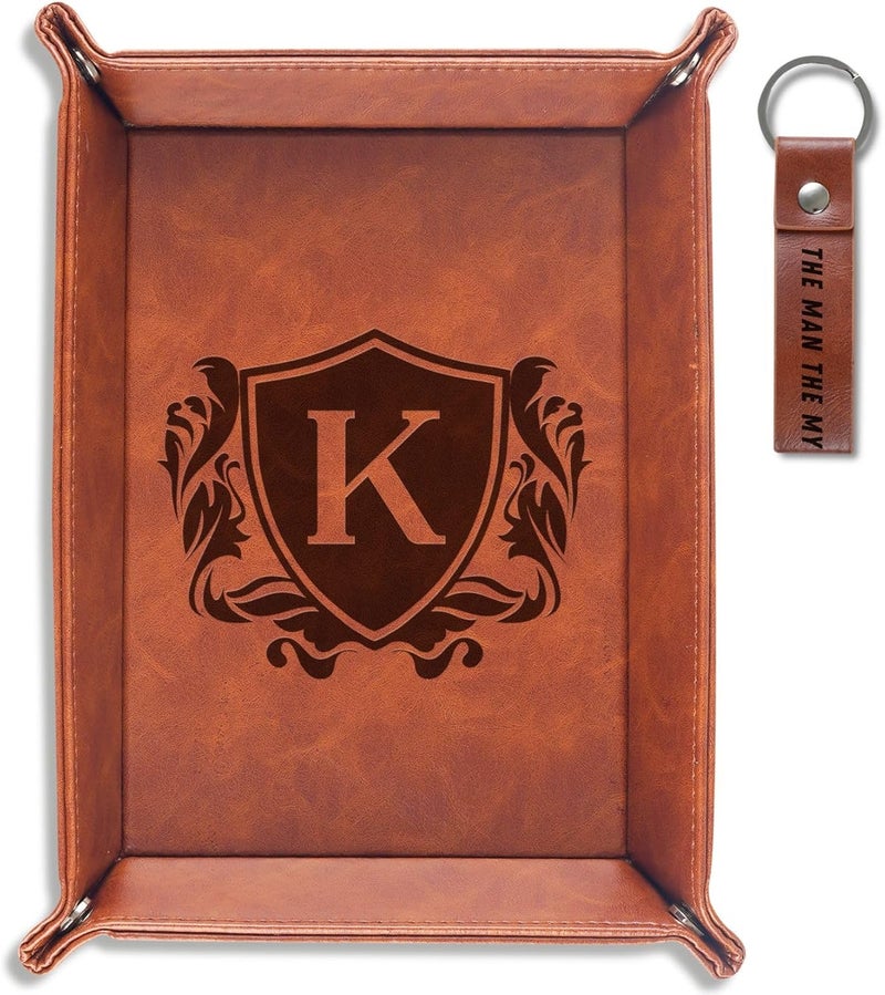 INNObeta Initial Valet Tray, Desktop Storage Organizer, PU Leather Bedside Tray Key Coin Holder, Personalised Gifts for Men, Birthday, Christmas, Letter K - Image 1